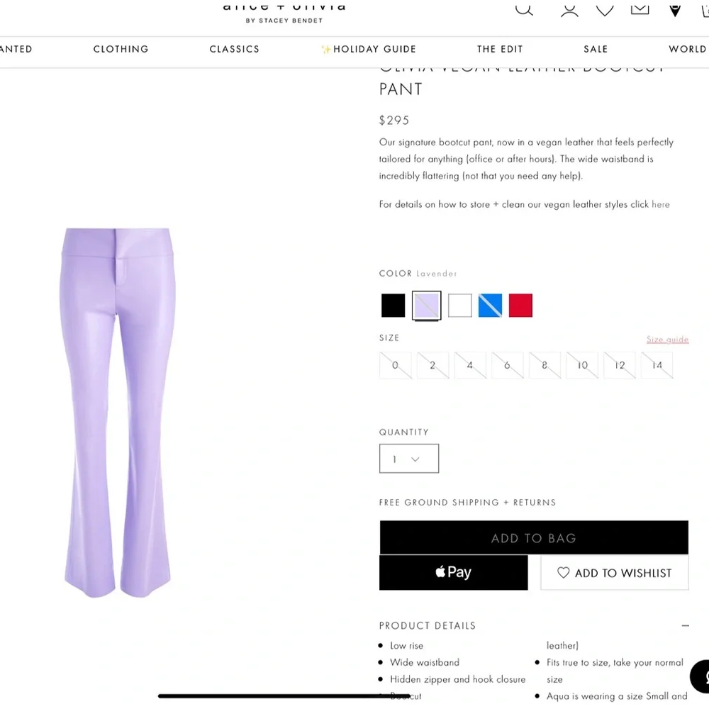 Alice + Olivia Olivia Vegan Leather Bootcut Lavender Purple Pant - Picture 3 of 16